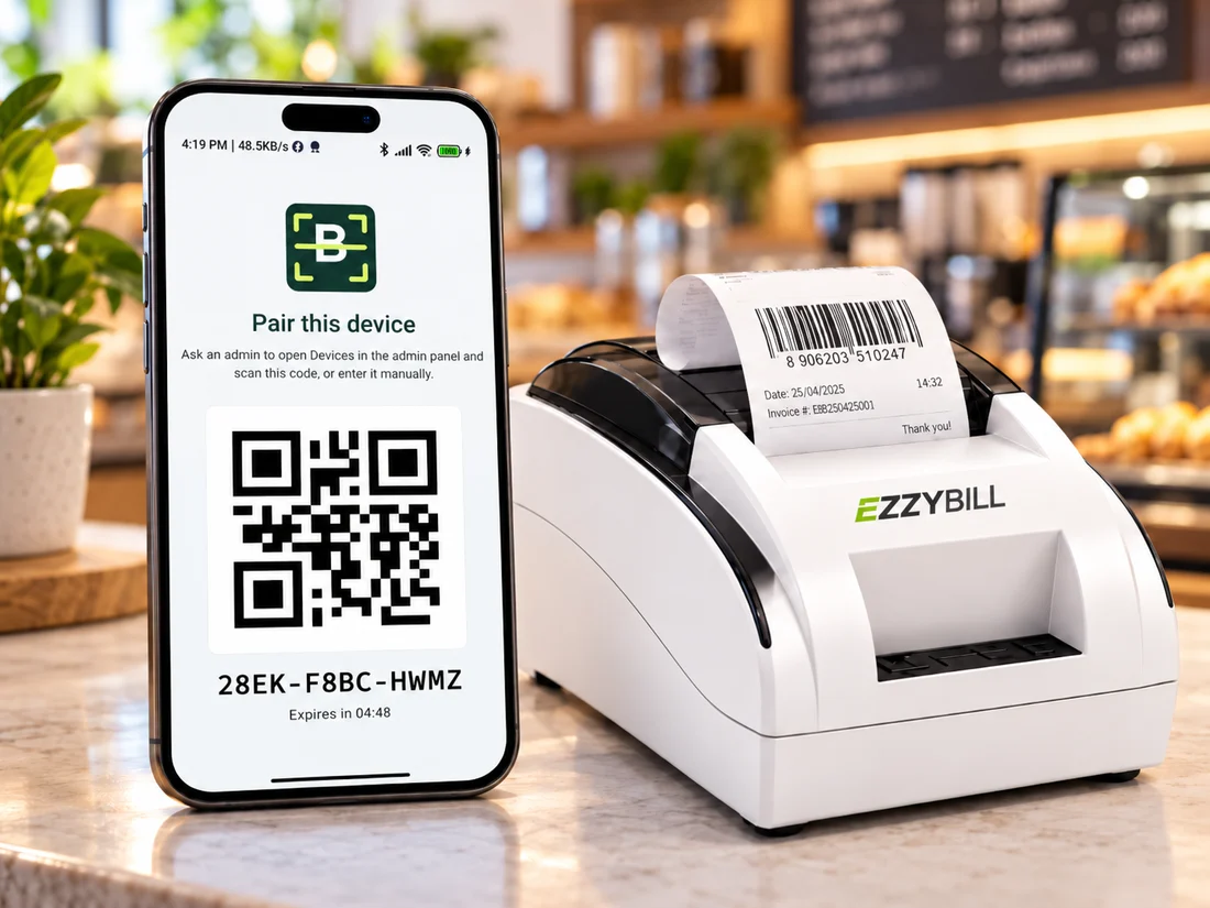 EZZYBILL++ larger receipt printer beside the EZZYBILL order summary on a phone