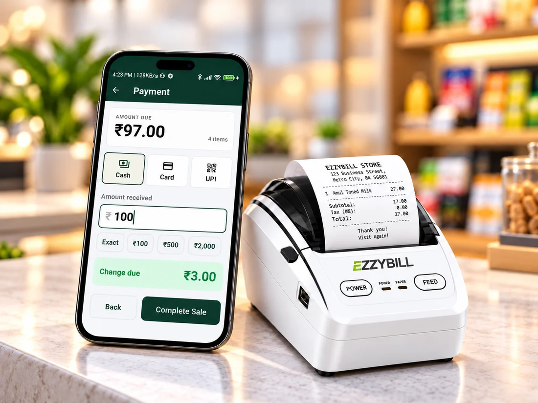 EZZYBILL compact receipt printer beside the EZZYBILL app on a phone