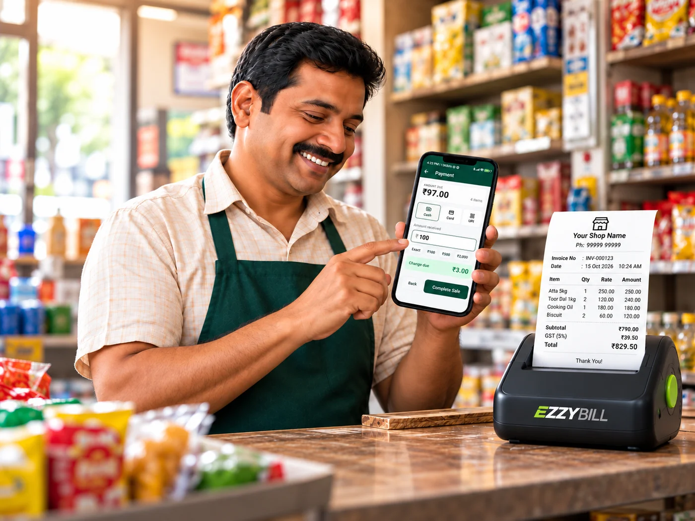 Shopkeeper showing the EZZYBILL payment screen on a phone beside a printed EZZYBILL receipt