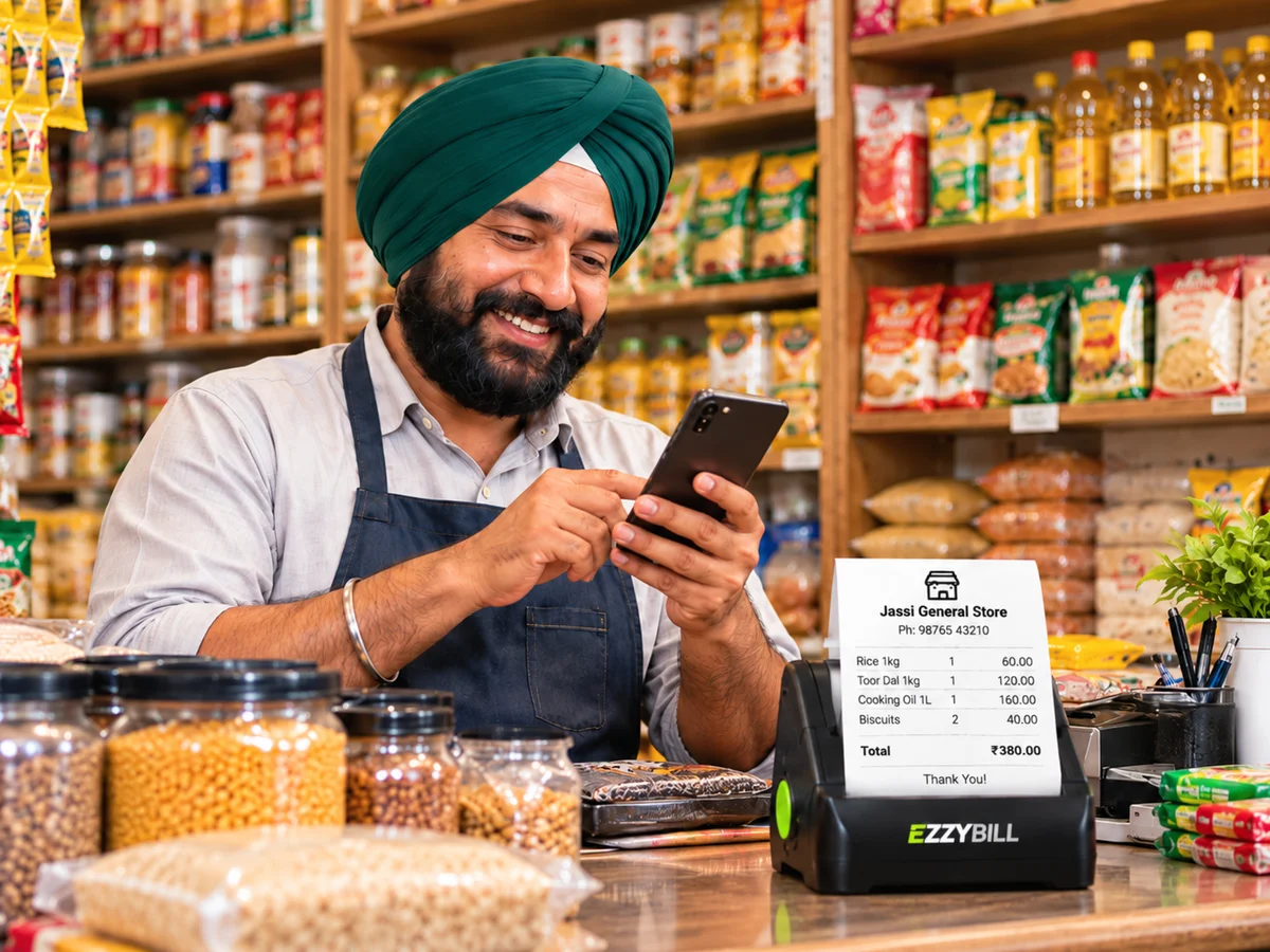 Jassi General Store owner billing on his phone with an EZZYBILL receipt printed beside him
