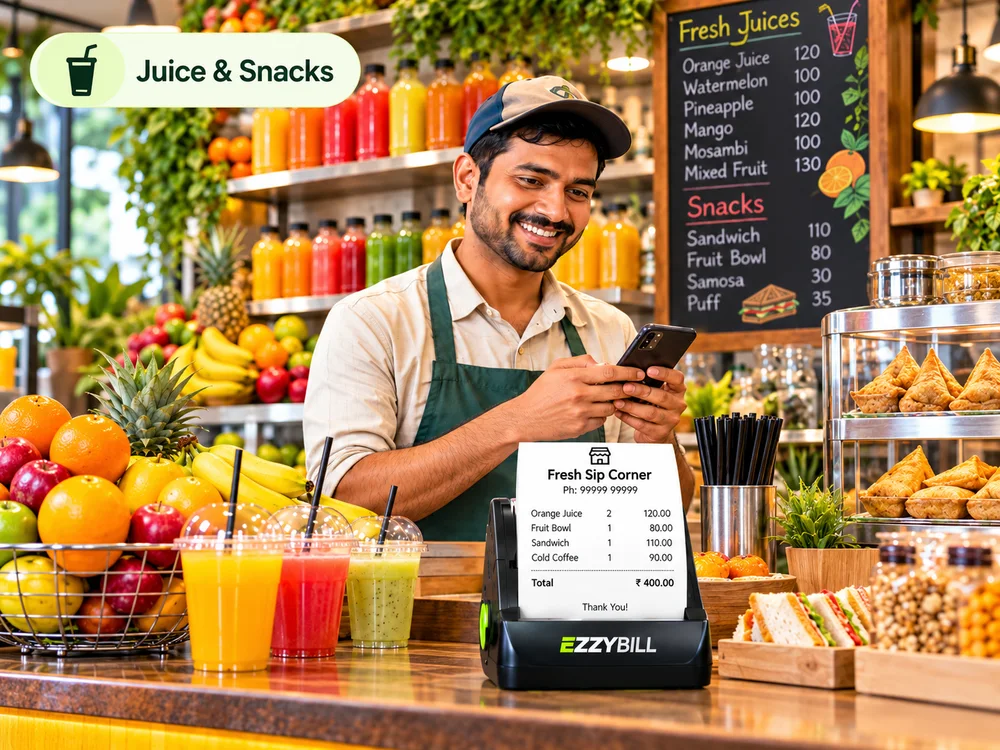 Billing for a juice and snacks counter with EZZYBILL